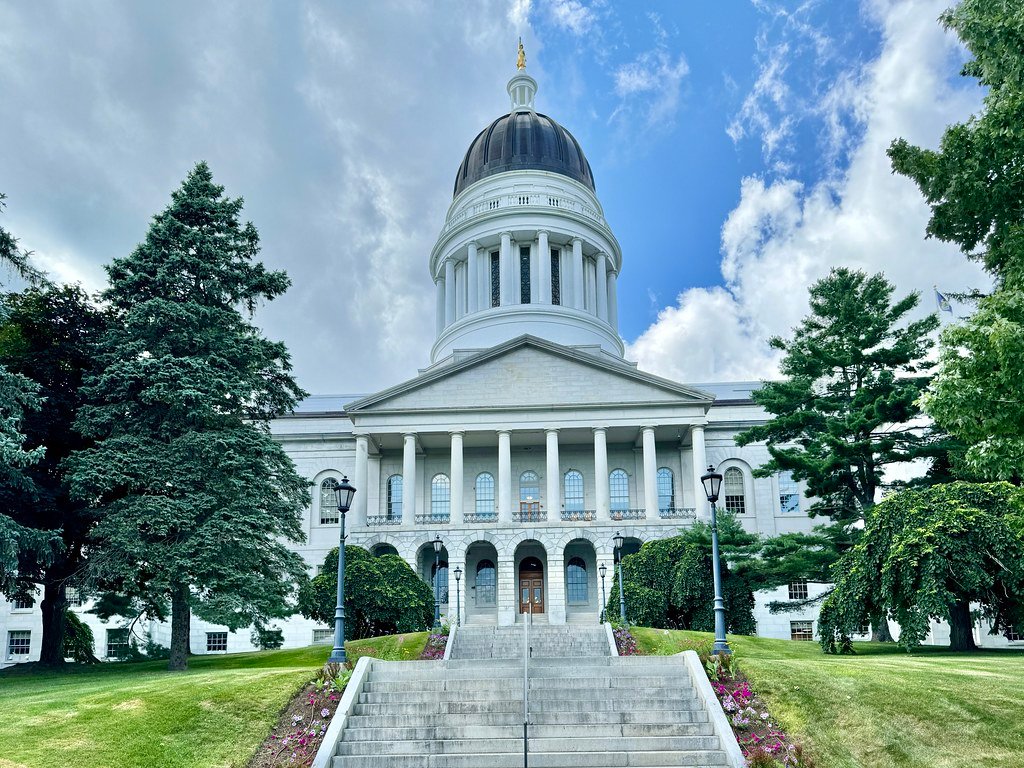 The Maine State House in Augusta, the setting for the state's closely watched US Senate race between Susan Collins and Troy Jackson.