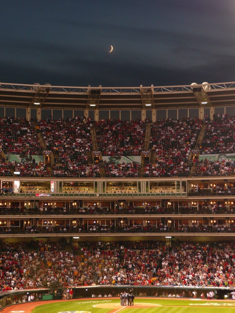 Progressive Field in Cleveland at night during an MLB playoff game
