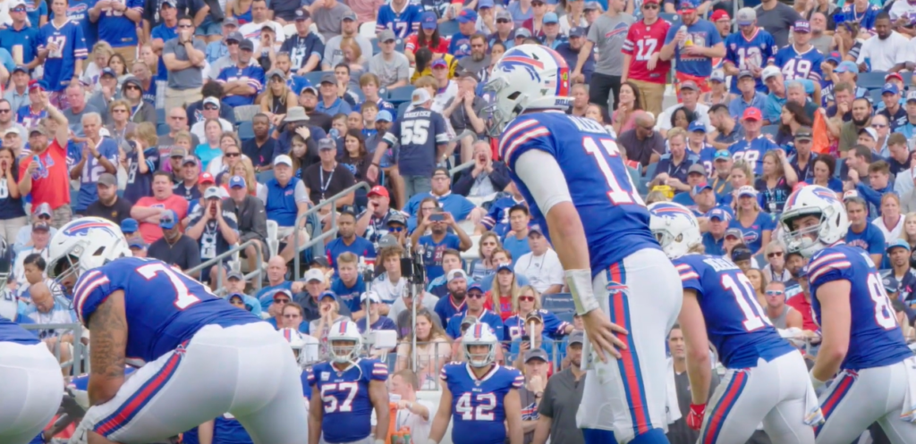 Buffalo Bills quarterback Josh Allen on the field during an NFL game.