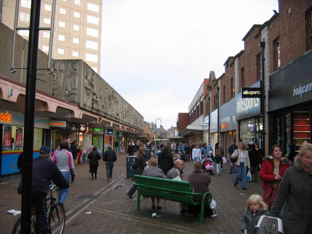 A street scene in Motherwell, North Lanarkshire, where Andy Burnham delivered his devolution speech on 16 October 2026.