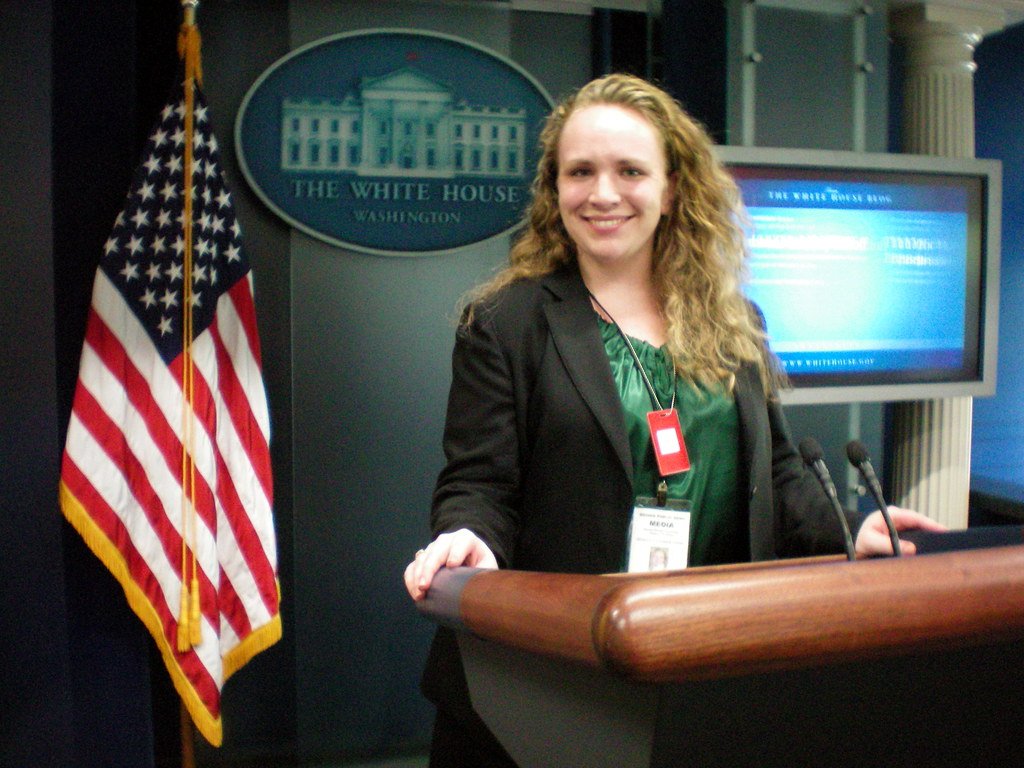 The podium in the White House press briefing room, empty ahead of a press secretary's briefing.