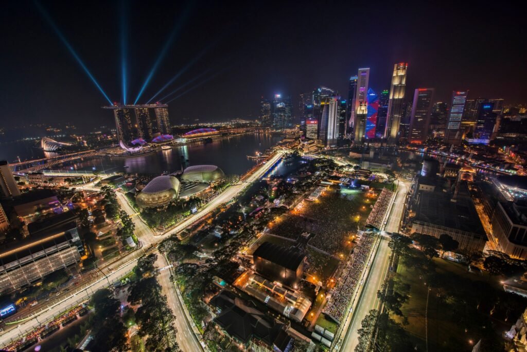 The Marina Bay Street Circuit in Singapore illuminated for a night Formula 1 race